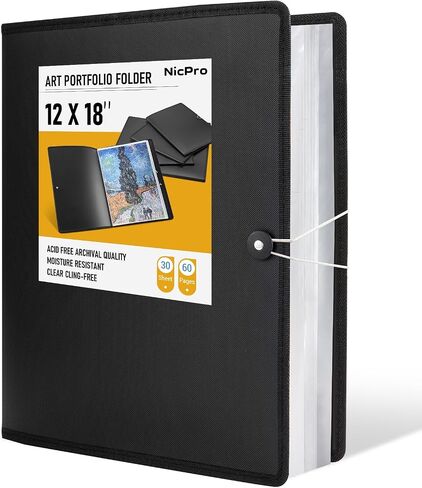 Nicpro 11x14 Art Portfolio Folder, 30 Pockets Display 60 Pages Art Painting Portfolio Binder with Clear Plastic Sleeves, Presentation Storage Book for Artists Artwork Drawing - (Black) in Saudi Arabia