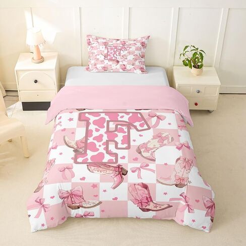 jejeloiu Pink Cowgirl Duvet Cover Toddler Size Pink Bow Checkerboard Bedding Set for Boys Girls Personalized Letter F Comforter Cover Western Decor Bedroom Decor 2Pcs No Comforter with 1 Pillowcase in Kuwait