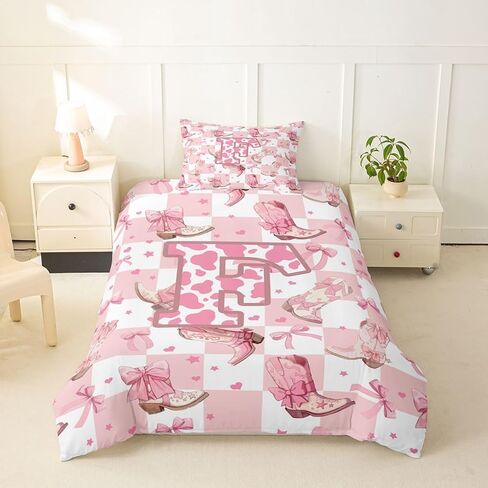 jejeloiu Pink Cowgirl Duvet Cover Toddler Size Pink Bow Checkerboard Bedding Set for Boys Girls Personalized Letter F Comforter Cover Western Decor Bedroom Decor 2Pcs No Comforter with 1 Pillowcase in Kuwait