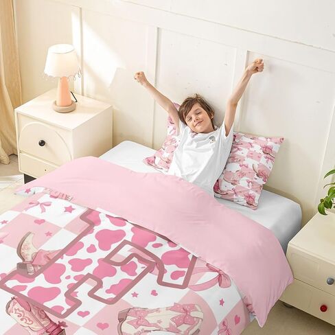 jejeloiu Pink Cowgirl Duvet Cover Toddler Size Pink Bow Checkerboard Bedding Set for Boys Girls Personalized Letter F Comforter Cover Western Decor Bedroom Decor 2Pcs No Comforter with 1 Pillowcase in Kuwait