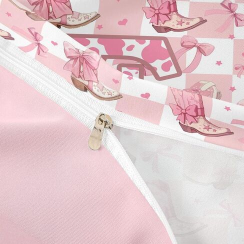 jejeloiu Pink Cowgirl Duvet Cover Toddler Size Pink Bow Checkerboard Bedding Set for Boys Girls Personalized Letter F Comforter Cover Western Decor Bedroom Decor 2Pcs No Comforter with 1 Pillowcase in Kuwait