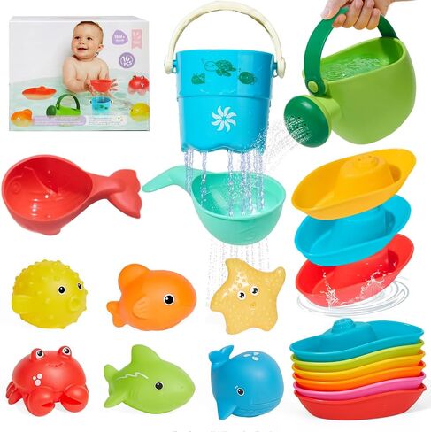 16PCS Baby Bath Toys for Kids Ages 1-3, Mold Free No Hole Bath Toy Set, Easy Clean Bathtub Pool Water Table Toys for 1 2 3 Year Old, Floating Boats Bucket Watering Can Bath Toys for Babies 12+ Months in Kuwait