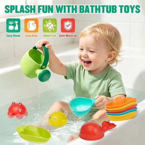 16PCS Baby Bath Toys for Kids Ages 1-3, Mold Free No Hole Bath Toy Set, Easy Clean Bathtub Pool Water Table Toys for 1 2 3 Year Old, Floating Boats Bucket Watering Can Bath Toys for Babies 12+ Months in Kuwait