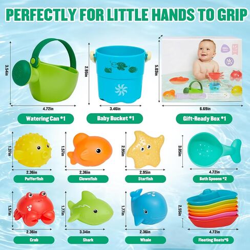 16PCS Baby Bath Toys for Kids Ages 1-3, Mold Free No Hole Bath Toy Set, Easy Clean Bathtub Pool Water Table Toys for 1 2 3 Year Old, Floating Boats Bucket Watering Can Bath Toys for Babies 12+ Months in Kuwait