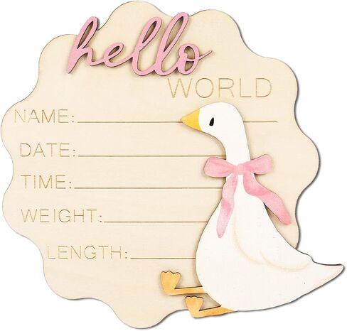 FYSUIMU Silly Goose Birth Announcement Sign Pink Bow Goose Newborn Milestone Wooden Board Hello World Newborn Sign for First Birthday Baby Shower Photo Prop Keepsake in Kuwait