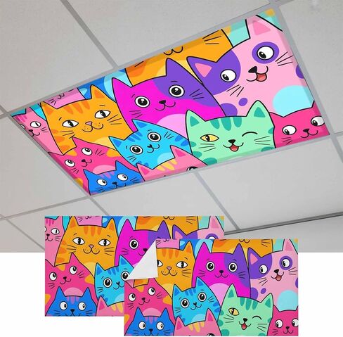 Colorful Cat Magnetic Fluorescent Light Covers for Ceiling Lights 2x4 Ft, Modern Abstract Art Cartoon Office Classroom Kitchen Drop Ceiling Light Covers Lighting Filters Shade Panel 3 Packs in Kuwait