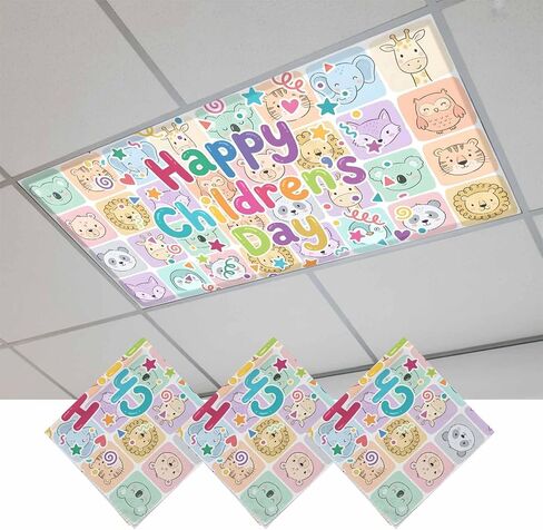 Happy Children's Day Magnetic Fluorescent Light Covers for Ceiling Lights 2x4 Ft, Cartoon Curtain Animals Office Classroom Kitchen Drop Ceiling Light Covers Lighting Filters Shade Panel 2 Packs in Kuwait