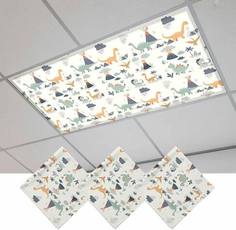 Cartoon Animals Magnetic Fluorescent Light Covers for Ceiling Lights 2x4 Ft,Funny Dinosaur Tropical Plants Green Blue Office Classroom Kitchen Drop Ceiling Light Covers Filters Shade Panel 3 Packs in Kuwait