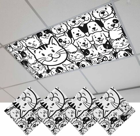 Black Line Dog Cat Magnetic Fluorescent Light Covers for Ceiling Lights 2x4 Ft, Cartoon Cute Animals Office Classroom Kitchen Drop Ceiling Light Covers Lighting Filters Shade Panel 2 Packs in Kuwait