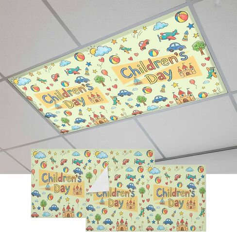 Happy Children's Day Magnetic Fluorescent Light Covers for Ceiling Lights 2x4 Ft,Cartoon Castle Childhood Innocence Office Classroom Kitchen Drop Ceiling Light Covers Filters Shade Panel 3 Packs in Kuwait