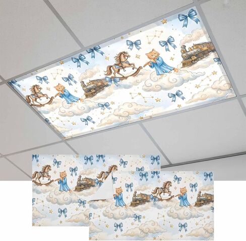 Cartoon Cute Cat Magnetic Fluorescent Light Covers for Ceiling Lights 2x4 Ft,Blue Bow Knot Train Cloud Star Funny Office Classroom Kitchen Drop Ceiling Light Covers Filters Shade Panel 3 Packs in Kuwait