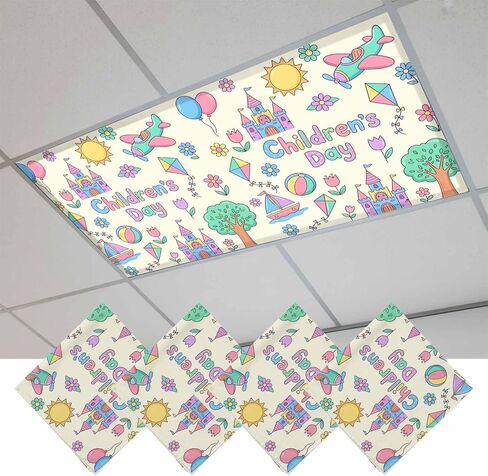 Children's Day Magnetic Fluorescent Light Covers for Ceiling Lights 2x4 Ft,Airplanes Sailing Boats Tree Cartoon Pink Office Classroom Kitchen Drop Ceiling Light Covers Filters Shade Panel 3 Packs in Kuwait