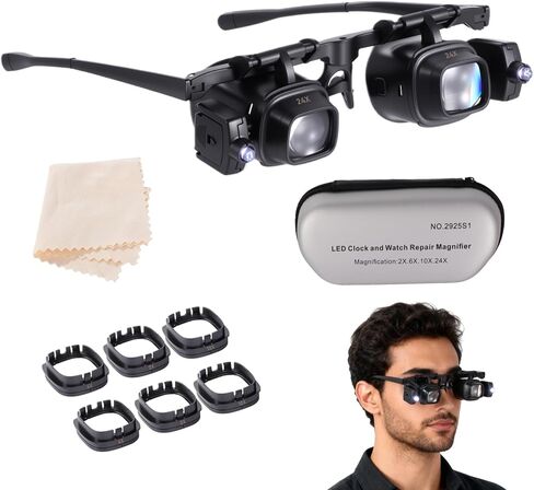 Magnifying Glasses with LED Light and Adjustable Angle Lamp, Loupe Magnifier for Close Inspection, Flip Up Lenses, Interchangeable Lens 2X 6X 10X 24X, for Jewelry Watch Repair and Crafting in Kuwait