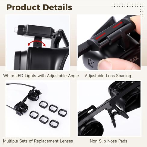 Magnifying Glasses with LED Light and Adjustable Angle Lamp, Loupe Magnifier for Close Inspection, Flip Up Lenses, Interchangeable Lens 2X 6X 10X 24X, for Jewelry Watch Repair and Crafting in Kuwait