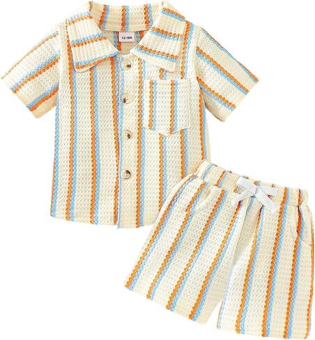 FOCUTEBB Baby Boy Clothes Toddler Summer Outfits Short Sleeve Striped Button-down T-Shirt Shorts with Pocket 12 Months-5T in Kuwait