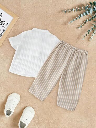 Baby Boys 2Pcs Summer Clothes Button Shirt and Stripe Pants Set 6M-3Y in Kuwait