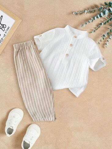 Baby Boys 2Pcs Summer Clothes Button Shirt and Stripe Pants Set 6M-3Y in Kuwait