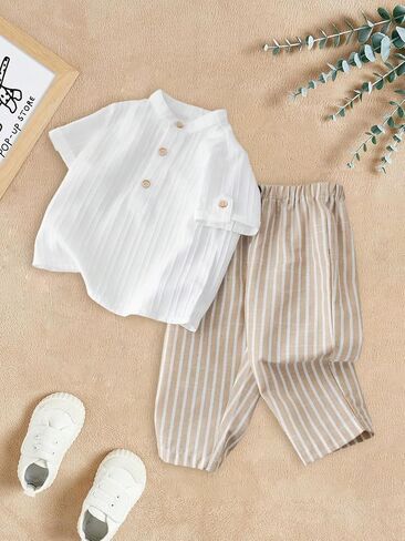 Baby Boys 2Pcs Summer Clothes Button Shirt and Stripe Pants Set 6M-3Y in Kuwait