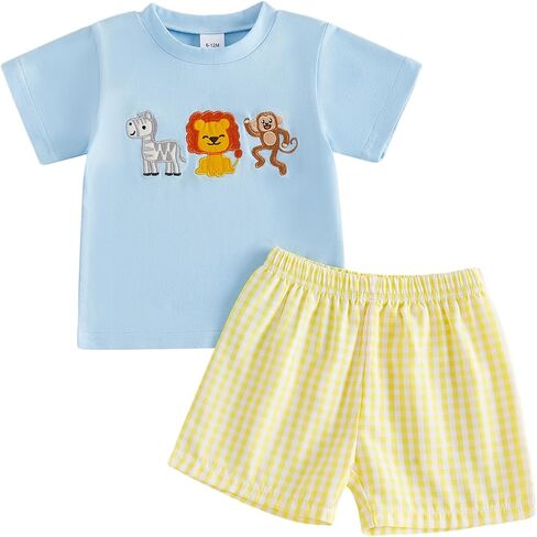 Infant Toddler Baby Boy Summer Clothes Zoo Animal Birthday Outfit | Short Sleeve Embroidery T-Shirt Top And Gingham Plaid Shorts Set in Kuwait