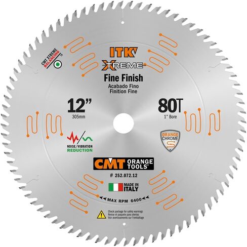 CMT Orange Tools 252.072.12 - Fine Finishing Saw Blade D=12 B=1 ß=ATB 20 K=0.118 P=0.087 a=15 | 12-In. Blade Diameter | 72-Tooth ATB Grind | 1-In. Arbor | Carbide-Tipped Teeth | Clean Crosscuts in Kuwait