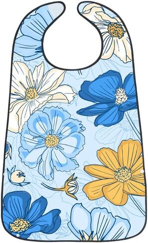 1PCS Waterproof Eating Bib for Elderly, Large Floral Print Adult Bib, Stain-Resistant Adult Apron for Seniors, Protects Clothing During Mealtime, Easy to Clean, Blue Base with Big Floral Design in Kuwait
