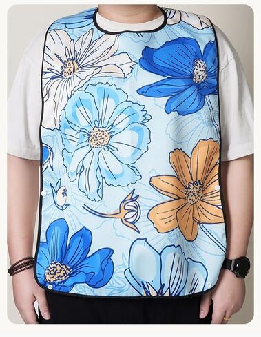1PCS Waterproof Eating Bib for Elderly, Large Floral Print Adult Bib, Stain-Resistant Adult Apron for Seniors, Protects Clothing During Mealtime, Easy to Clean, Blue Base with Big Floral Design in Kuwait
