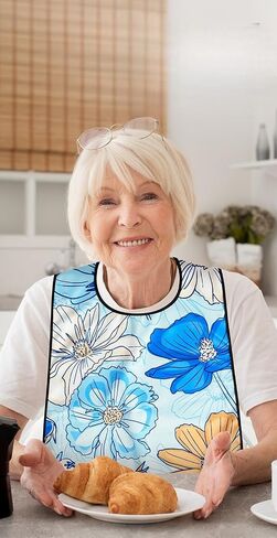 1PCS Waterproof Eating Bib for Elderly, Large Floral Print Adult Bib, Stain-Resistant Adult Apron for Seniors, Protects Clothing During Mealtime, Easy to Clean, Blue Base with Big Floral Design in Kuwait