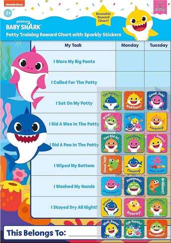 Paper Projects 01.70.30.041 Baby Shark Potty Training Includes 56 Sparkly Stickers | Colourful Chart is Wipe-Clean, Blue, 29.7cm x 42cm in Kuwait
