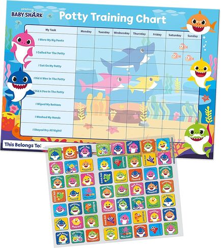 Paper Projects 01.70.30.041 Baby Shark Potty Training Includes 56 Sparkly Stickers | Colourful Chart is Wipe-Clean, Blue, 29.7cm x 42cm in Kuwait
