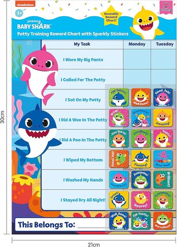 Paper Projects 01.70.30.041 Baby Shark Potty Training Includes 56 Sparkly Stickers | Colourful Chart is Wipe-Clean, Blue, 29.7cm x 42cm in Kuwait