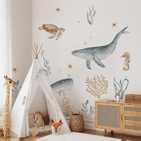 Ocean Wall Decals Watercolor Under The Sea Wild Life Animals Sea Turtles Whales Wall Stickers Waterproof Peel and Stick Removable in Kuwait