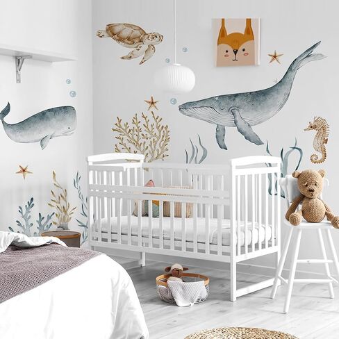 Ocean Wall Decals Watercolor Under The Sea Wild Life Animals Sea Turtles Whales Wall Stickers Waterproof Peel and Stick Removable in Kuwait
