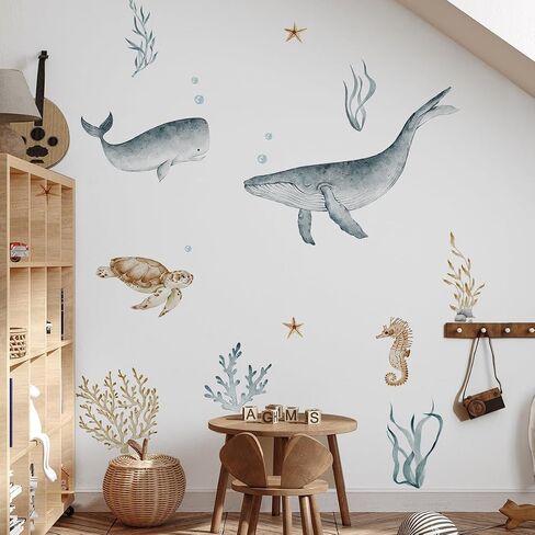 Ocean Wall Decals Watercolor Under The Sea Wild Life Animals Sea Turtles Whales Wall Stickers Waterproof Peel and Stick Removable in Kuwait