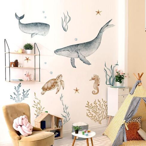Ocean Wall Decals Watercolor Under The Sea Wild Life Animals Sea Turtles Whales Wall Stickers Waterproof Peel and Stick Removable in Kuwait