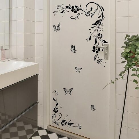 Runtoo Flower Vines Wall Stickers Black Floral Anti-Collision Window Cling Decals Butterfly Glass Door Wall Decor for Bathroom Living Room Bedroom Nursery Office Decoration in Kuwait