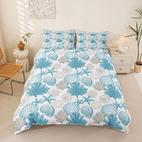 Conch Shell Coral Decorative Duvet Cover Set,Coastal Ocean Creature Comforter Cover Toddler Size Ocean Beach 2 Pcs Bedding Set with Zipper Ties for Kids Boys Girls Bedroom Decor(No Comforter),Teal in Kuwait