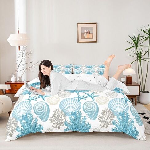 Conch Shell Coral Decorative Duvet Cover Set,Coastal Ocean Creature Comforter Cover Toddler Size Ocean Beach 2 Pcs Bedding Set with Zipper Ties for Kids Boys Girls Bedroom Decor(No Comforter),Teal in Kuwait