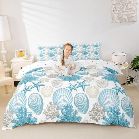 Conch Shell Coral Decorative Duvet Cover Set,Coastal Ocean Creature Comforter Cover Toddler Size Ocean Beach 2 Pcs Bedding Set with Zipper Ties for Kids Boys Girls Bedroom Decor(No Comforter),Teal in Kuwait