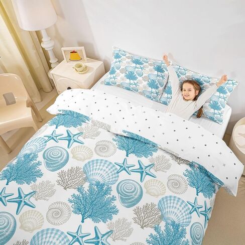 Conch Shell Coral Decorative Duvet Cover Set,Coastal Ocean Creature Comforter Cover Toddler Size Ocean Beach 2 Pcs Bedding Set with Zipper Ties for Kids Boys Girls Bedroom Decor(No Comforter),Teal in Kuwait