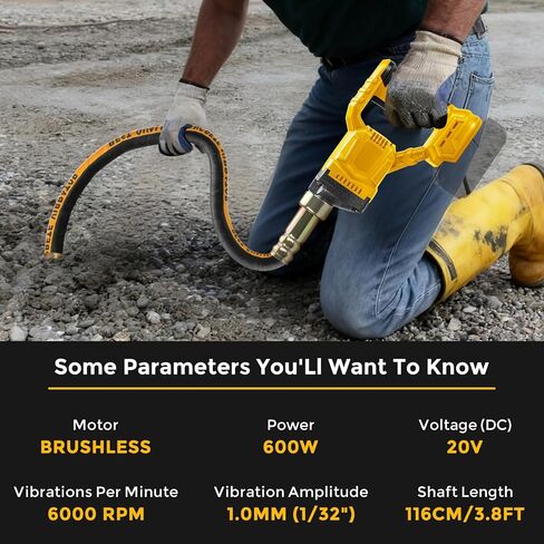 Cordless Concrete Vibrator Compatible with DeWalt 20V (Tool Only) | 600W handheld cement vibrator tool with 3.8ft flexible shaft and portable pencil vibrator for removing air bubbles in Kuwait