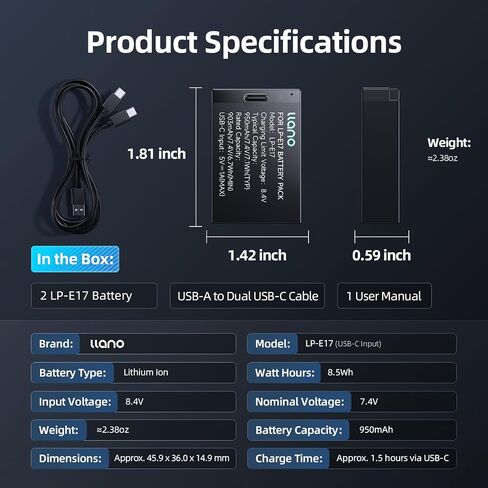 llano LP-E17 Battery with USB-C Fast Charging for Canon EOS R50 R8 R10 R100 RP T6i T7i T8i T6S SL2 SL3 M3 M5 M6 77D 200D 250D 750D 760D 800D 8000D - Real Capacity,Replacement Batteries(2 Pack) in Kuwait
