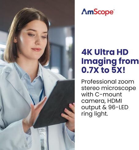 AmScope H800 Series Zoom Digital Inspection Monocular Stereo Microscope 0.7X-5X Magnification on Pillar Stand with 4K HDMI Camera and 96-LED Ring Light in Kuwait