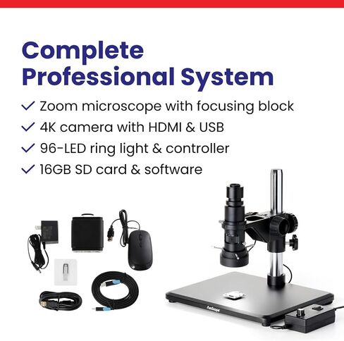 AmScope H800 Series Zoom Digital Inspection Monocular Stereo Microscope 0.7X-5X Magnification on Pillar Stand with 4K HDMI Camera and 96-LED Ring Light in Kuwait