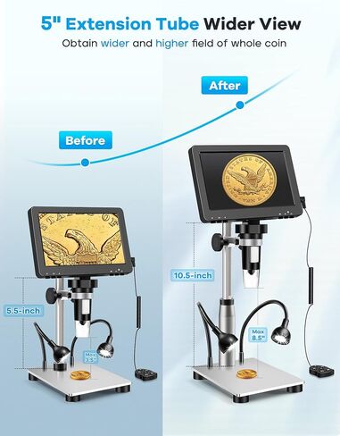 7" LCD Digital Microscope 1200X,12MP Coin Microscope with Screen for Adults | 1080P Coin Magnifier with 12pcs Slides, 32GB Card and 5" Extension Tube Included, Windows/Mac Compatible in Kuwait