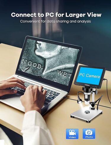 7" LCD Digital Microscope 1200X,12MP Coin Microscope with Screen for Adults | 1080P Coin Magnifier with 12pcs Slides, 32GB Card and 5" Extension Tube Included, Windows/Mac Compatible in Kuwait