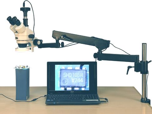 AmScope SM-8TZ-144S-10M Digital Professional Trinocular Stereo Zoom Microscope, WH10x Eyepieces, 3.5X-90X Magnification, 0.7X-4.5X Zoom Objective, 144-Bulb LED Ring Light, Articulating-Arm Boom Stand, 110V-240V, Includes 0.5x and 2.0x Barlow Lenses and 10 in Kuwait