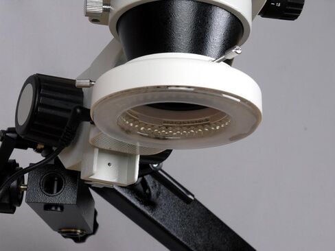 AmScope SM-8TZ-144S-10M Digital Professional Trinocular Stereo Zoom Microscope, WH10x Eyepieces, 3.5X-90X Magnification, 0.7X-4.5X Zoom Objective, 144-Bulb LED Ring Light, Articulating-Arm Boom Stand, 110V-240V, Includes 0.5x and 2.0x Barlow Lenses and 10 in Kuwait