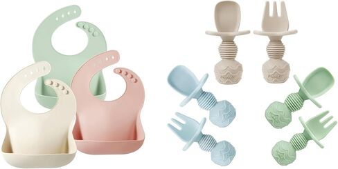 PandaEar Set of 3 Silicone Baby Bibs & 6 Pack Silicone Baby Spoons in Kuwait