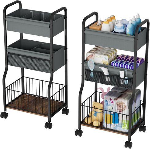 3-tier Baby Diaper Caddy Organizer and Storage Cart with 4+3 Dividers, Metal Utility Cart with Lockable Wheels for Nursery, Bedroom, Bathroom, White in Kuwait