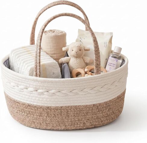 Baby Diaper Caddy Organizer with Removable Compartments, 14.2"L x 7"W x 8.7"H, 100% Handmade Woven Cotton Rope, Portable Nursery Storage Basket for Car and Changing Table, Shower Newborn Gift in Kuwait